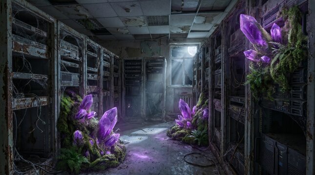 Abandoned server room, purple flowers growing, dark cyberpunk atmosphere, futuristic decay