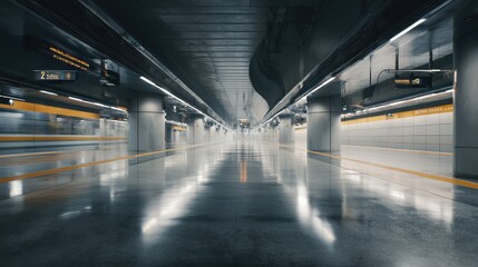 Obraz premium Modern public transportation subway station platform with a blur of a passing train, reflecting bright lights and creating a sense of urban movement and infrastructure
