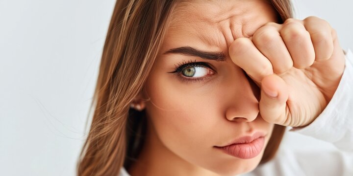 Woman's face showing forehead wrinkles as she expresses anger, covering her eye