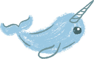 Cute hand drawn narwhal illustration in textured crayon style. Adorable blue sea unicorn with long tusk, perfect for children's designs, stickers and nursery decor. © vvvisual