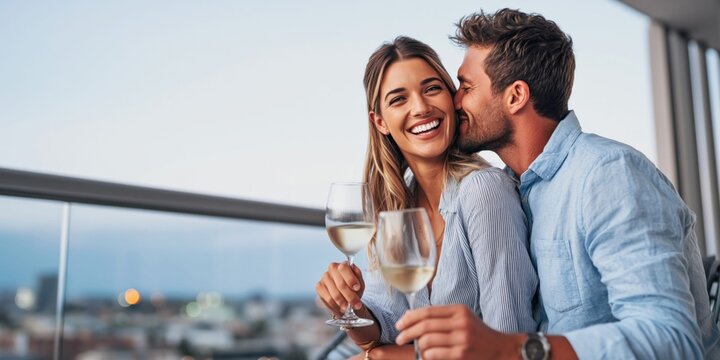 Romantic couple enjoying wine on a balcony with city views at sunset