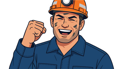 Fototapeta premium Excited Miner Celebrating Success Vector Illustration Happy Industrial Worker with Helmet and Dusty Face Showing Victory