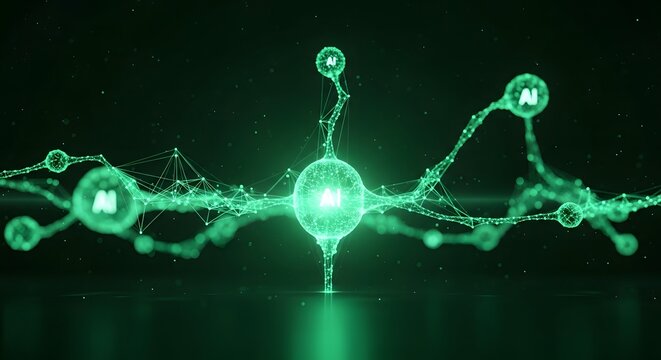 Green ai neural network nodes connected by glowing digital pathways