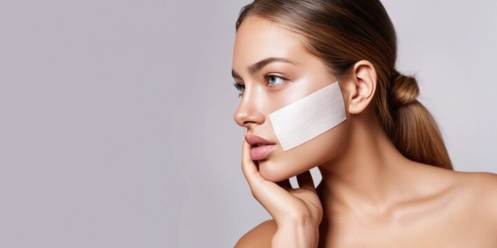 Woman with medical tape on her cheek, clean and modern photographic style