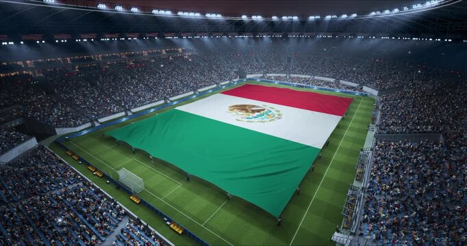 Professional Stadium With Soccer Game Championship With Flag of Mexico Spread Across Pitch Before Football Match Start. Cheering Crowds of Fans at Arena Anthem Ceremony. Aerial Static Wide Shot