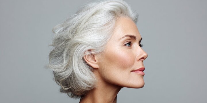 Elegant mature woman with stylish silver hair and soft makeup, looking thoughtfully into the distance
