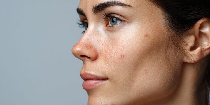 Close-up profile of a young woman's face showing skin imperfections and blemishes