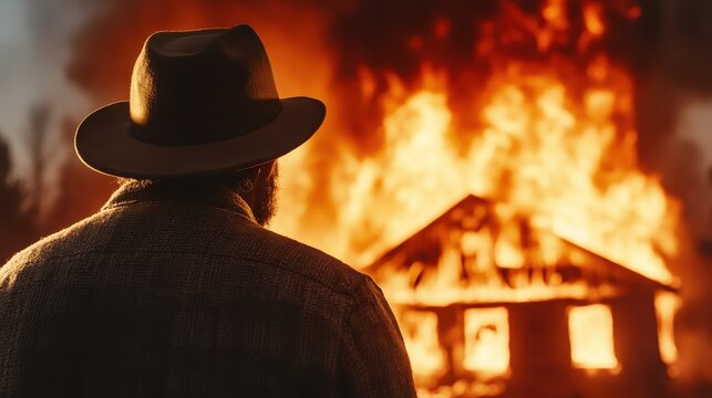 A poignant scene of a man watching a house engulfed in flames, evoking themes of loss, devastation, and the emotional impact of disaster and destruction.