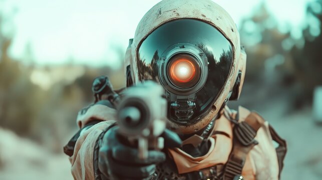 A futuristic space soldier with a high-tech visor and weapon, portraying a dynamic encounter in a sci-fi world, emphasizing adventure, technology, and courage in action.