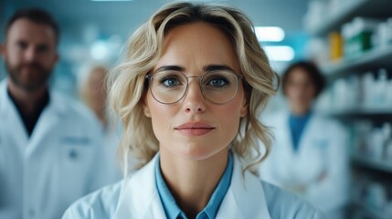 Fototapeta premium A focused female medical professional stands at the forefront, embodying leadership and expertise, with her team in the background representing collaboration in healthcare.