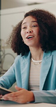 Shaking hands, smile and woman with tablet in office for deal, client meeting and real estate project. Realtor, people and tech with handshake for property price, online inquiry and resale listing