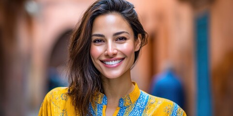 Fototapeta premium Beautiful woman with a radiant smile and warm eyes, wearing a vibrant yellow and blue patterned shirt