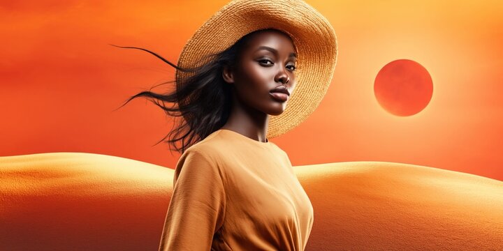 Elegant woman in straw hat posing in desert landscape with sun setting