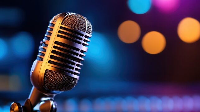 A classic vintage microphone stands elegantly against a blurred backdrop of vibrant lights, anticipating a passionate musical performance filled with emotion and artistry.