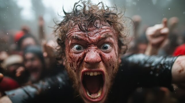 A fierce, bloodied man shouts in anger amidst a chaotic crowd, vividly portraying human emotions of rage and primal instinct in a gritty environment.
