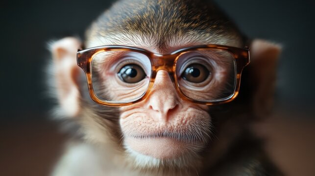 This expressive monkey with stylish glasses gazes thoughtfully at the camera, presenting a whimsical and humorous take on intelligence and curiosity in the animal kingdom.