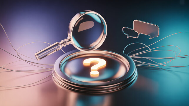 Magnifying glass revealing a question mark on a reflective surface