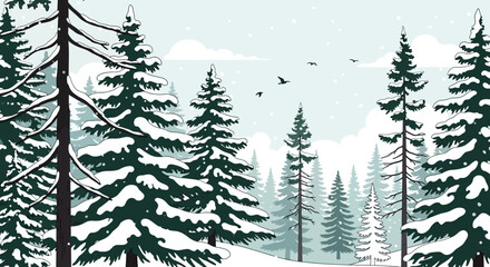Obraz premium Minimalist Winter Forest Illustration with Snow Covered Pine Trees