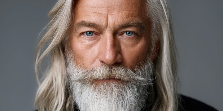 Close-up portrait of a distinguished older man with long blonde hair and a full beard
