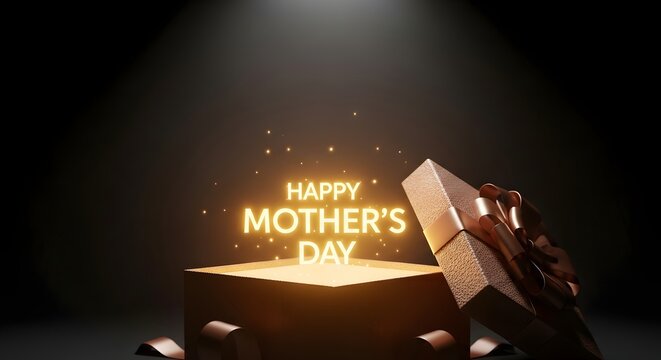 Happy Mother's Day glowing text, magic gift box opening with light, holiday surprise concept