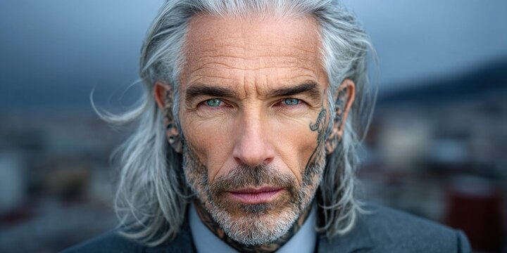 Close-up portrait of a distinguished, tattooed man with long gray hair and piercing blue eyes