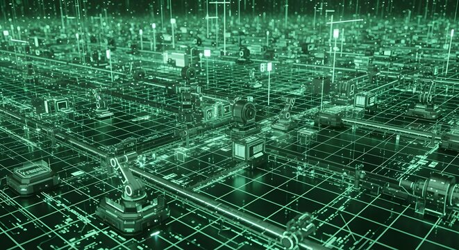 Automated industrial factory grid with robotic assembly line technology