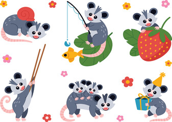 Obraz premium Cute cartoon opossum collection with baby animal fishing, eating strawberry and birthday party celebration, vector
