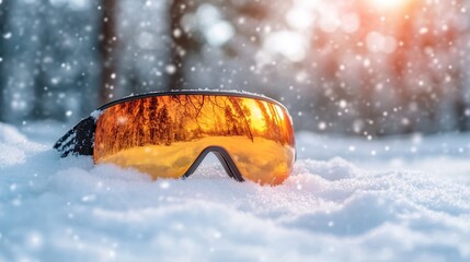 An artistic capture of orange ski goggles resting on fresh snow, reflecting the surrounding forest and sunlight, evoking feelings of winter fun and adventure in snowy terrains.