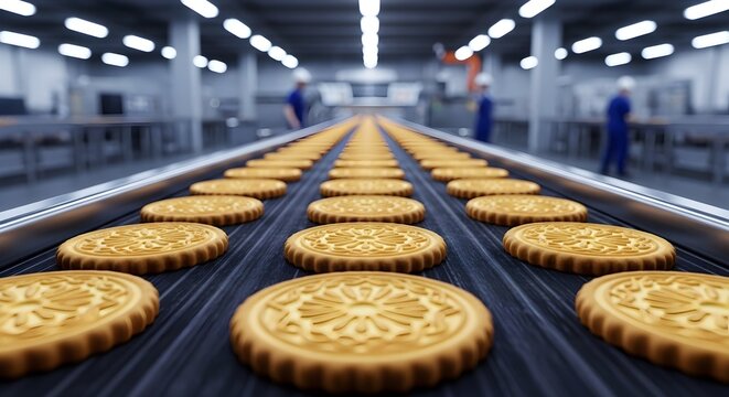 modern food processing plant where golden-brown, decorative biscuits are perfectly aligned on a black conveyor belt, stretching into a blurred industrial background with workers.