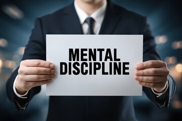 Obraz premium A man in a suit holding a sign about Mental Discipline