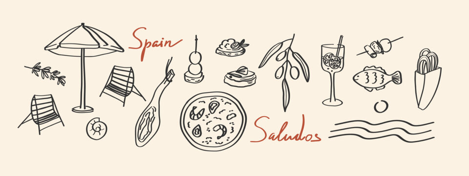 Spanish Cuisine sketch. Summer aesthetic doodle. Hand drawn traditional Spain symbols paella, jamon, olives, tapas, seafood, churros, sangria, beach umbrella. Travel to Mediterranean Country Icons