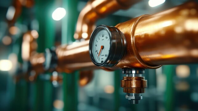 A detailed close-up of copper piping with a pressure gauge, showcasing industrial design elements and fundamental components crucial for plumbing and mechanical systems.