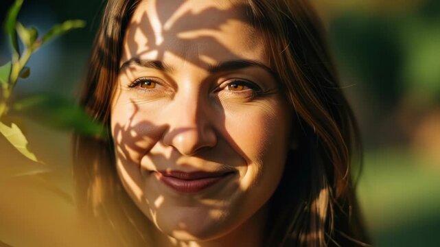 Close-up of a smiling young woman with leaf shadow patterns on her face