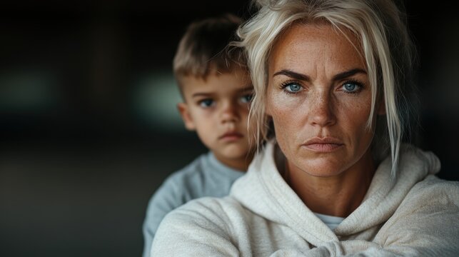 A strong mother embraces her child, conveying deep love and resilience amidst an emotional backdrop, highlighting the bond between parent and child.
