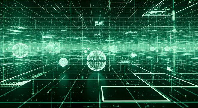 Green digital grid network with floating data spheres in cyberspace