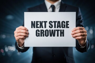 Obraz premium Businessman showing a sign for the Next Stage Growth of a company