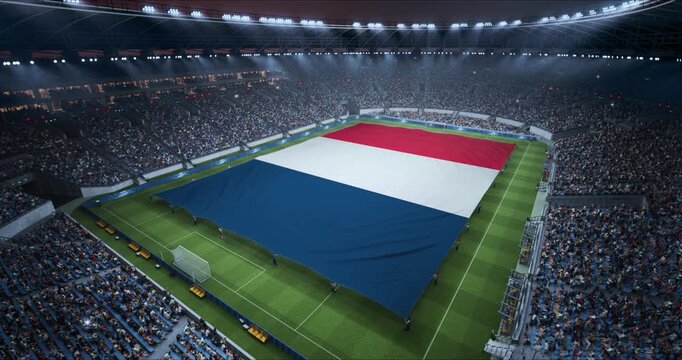 Professional Stadium With Soccer Game Championship With Flag of France Spread Across Pitch Before Football Match Start. Cheering Crowds of Fans at Arena Anthem Ceremony. Aerial Static Wide Shot