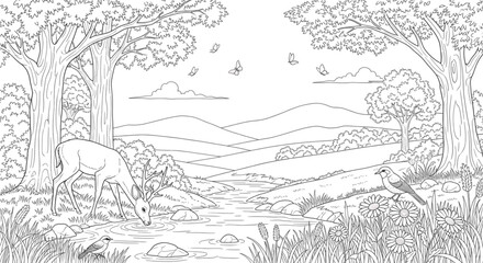 Obraz premium Serene Forest Stream Wildlife Scene for Nature Branding, Eco-Tourism Marketing, Peaceful Website Design, Calm Outdoor Lifestyle