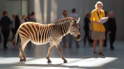 Obraz premium A zebra casually walks through a modern art gallery, creating a captivating composition of wildlife and contemporary art, merging nature with urban culture.