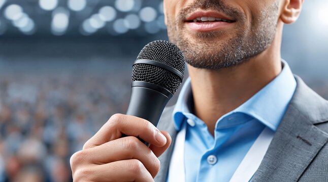 Man speaking into a microphone at a conference or presentation event