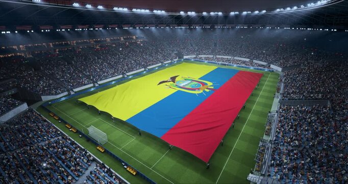 Professional Stadium With Soccer Game Championship With Flag of Ecuador Spread Across Pitch Before Football Match Start. Cheering Crowds of Fans at Arena Anthem Ceremony. Aerial Static Wide Shot