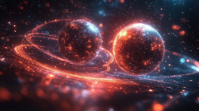 Abstract Quantum Entanglement Visualization: Two luminous subatomic particles are connected by a twisted beam of light, surrounded by a rotating holographic data ring&mdash;a digital technology concept.
