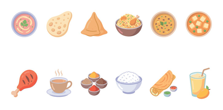 A colorful and playful collection of flat design icons representing various popular Indian dishes and beverages, perfect for culinary and cultural projects.