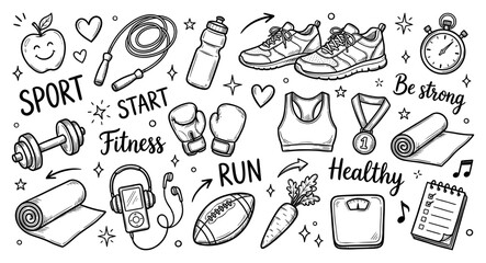Obraz premium Sport fitness doodle set with sneaker dumbbell jump rope mat