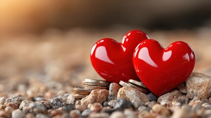 Fototapeta premium Two shiny red hearts resting on a stone surface surrounded by coins, symbolizing love and wealth, creating a powerful juxtaposition of emotions and materialism.
