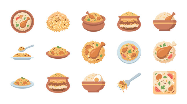 A vibrant flat illustration set showcasing various servings of delicious biryani, presented in bowls, pots, and on plates, perfect for culinary themes.
