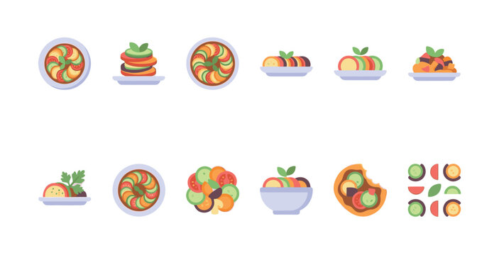 A collection of flat design vector icons depicting ratatouille dishes and sliced vegetables in various arrangements, perfect for food blogs or recipe apps.