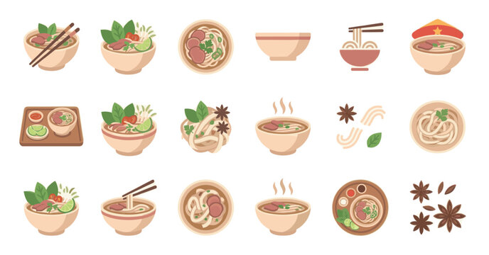 A delightful flat illustration collection featuring various bowls of Vietnamese pho noodle soup, ingredients, and serving dishes, perfect for culinary and cultural projects.