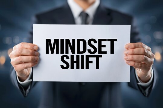 A professional holding a sign about having a Mindset Shift