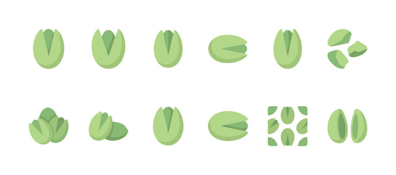 A collection of clean, stylized flat icons depicting various arrangements and views of pistachio nuts, presented on a white background for versatile use.